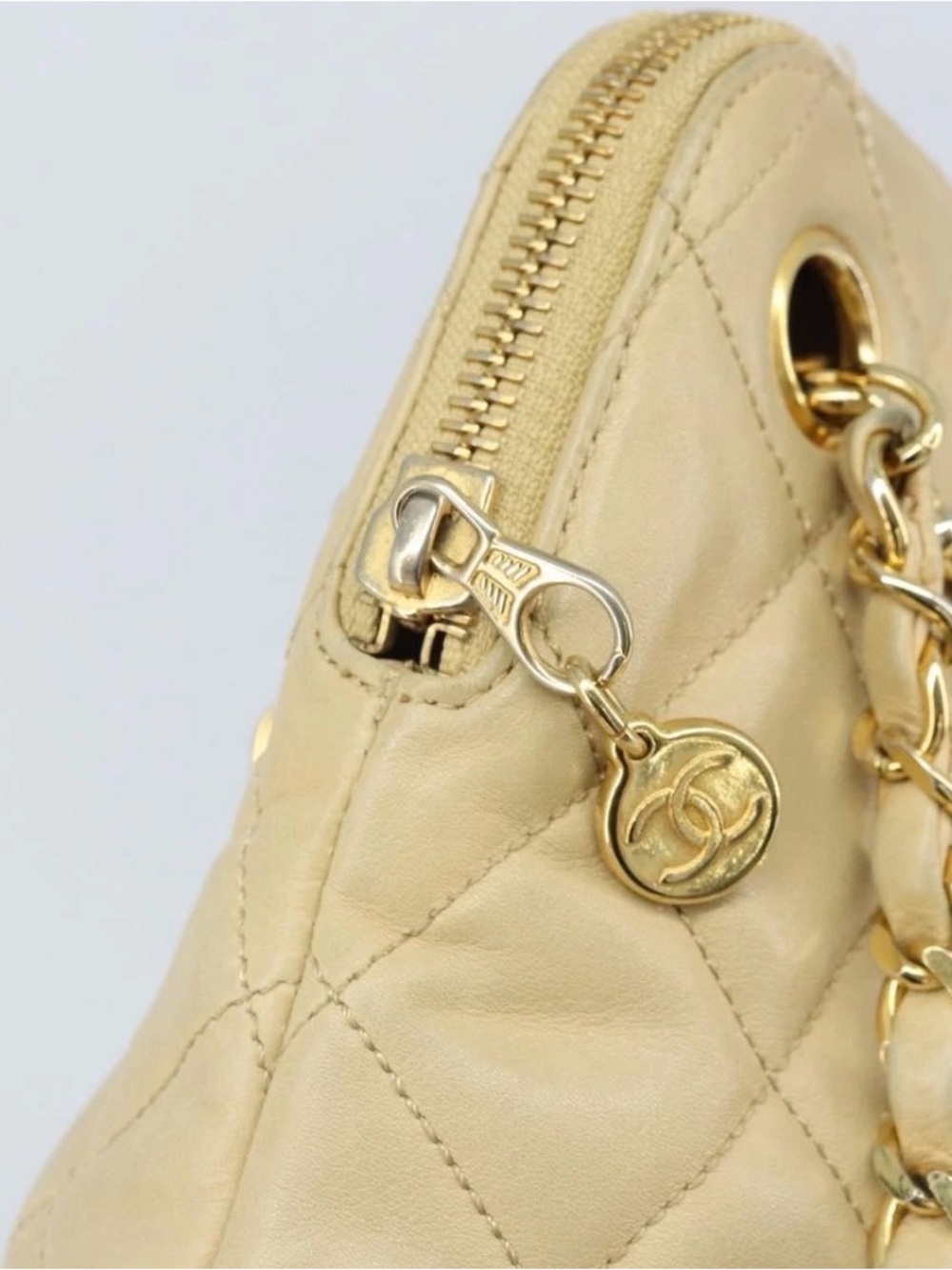 CHANEL Matelasse Chain Shoulder Tote Bag Lamb Skin Beige Gold CC Auth - Picture 11 of 12